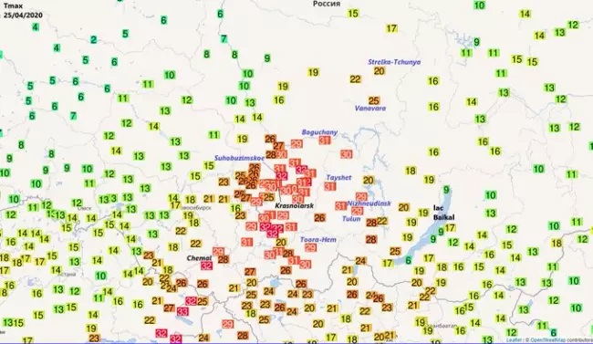 Maximálne teploty v Krasnojarskej oblasti počas apríla zdroj Ogimet